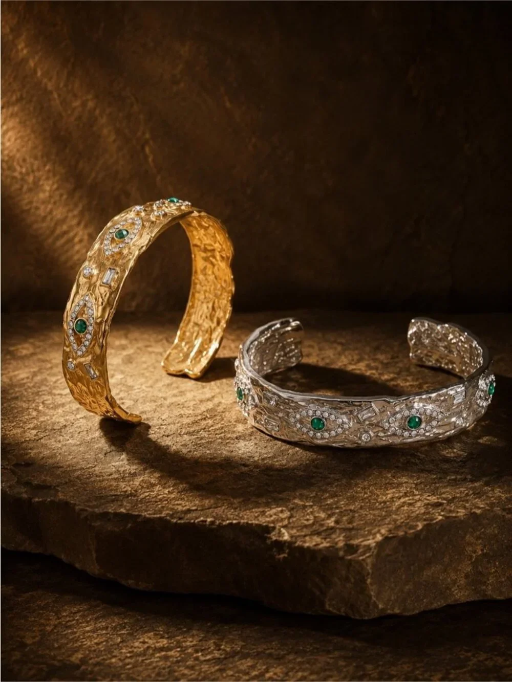 Gold plated Cuff Bracelet with Green Eye Accents